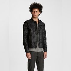 John Varvatos Foil Printed Slim Fit Trucker Jacket. Black Size Xs Brand New With Out Tags Attached Designed For A Slim Fit Spread Collar Full-Zip Front Placket Long Sleeves, Snap-Button Cuffs Allover Foil-Printed Design Two Front Hand Pockets; Two Flap Pockets With Snap-Button Closures At Chest Adjustable Hem With Strap-And-Snap-Button Closures Lined 63% Polyester/34% Cotton/3% Elastane; Lining: 100% Polyester Dry Clean Fitted Leather Jacket With Flap Pockets For Spring, Fitted Streetwear Outerwear With Flap Pockets, Fitted Outerwear With Flap Pockets For Streetwear, Designer Fitted Outerwear With Flap Pockets, Designer Denim Jacket For Workwear In Fall, Designer Denim Jacket For Fall Workwear, Tailored Black Leather Jacket For Winter, Luxury Black Outerwear With Flap Pockets, Fitted Black Denim Jacket For Work