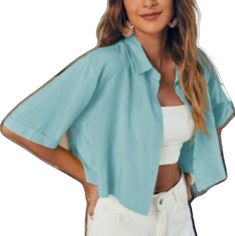 Chic Light Blue Shirt For Summer, Blue Solid Color Blouse For Beach, Blue Solid Color Beach Blouse, Blue Cropped Shirt For Spring, Blue Cropped Shirt For Summer, Chic Light Blue Button-up Tops, Shein Tops, Crop Blouse, Color Blue