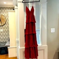 Long Formal Red Dress, V-Neck, Crisscross Skinny Strap Back! Red Tiered Maxi Dress For Party, Red V-neck Maxi Dress For Red Carpet, Formal Red Dress, Red Formal Dresses, Colorful Dresses Formal, Mac Duggal Dresses, Dresses Red, Mac Duggal, Size 8 Dress