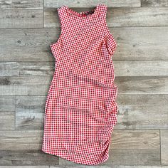 Adorable Dress With Ruching On One Side. This Has A Button And Loop Closure On The Back At The Neck. This Is 44% Cotton, 1% Elastane And 55% Polyester. Measurements: Pit To Pit- 15” Shoulder To Hem- (Left Side) 30.5” (Right Side) 33” Pit To Hem- (Left Side) 21.5” (Right Side) 24” Fitted Gingham Dress With Ruched Detail, Fitted Gingham Ruched Dress, Sleeveless Gingham Dress With Ruched Detail, Sleeveless Gingham Ruched Dress, Red Sleeveless Dress For Picnic, Ruched Mini Dress For Picnic, Ruched Mini Dress For Picnics, Casual Gingham Dress With Ruched Details, Casual Ruched Gingham Dress