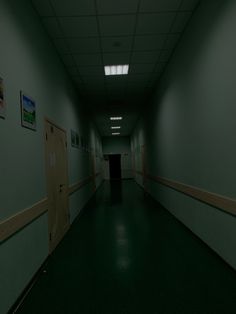 an empty hallway with green walls and pictures hanging on the wall above it's doors