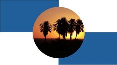 two palm trees are silhouetted against an orange and blue background with the sun setting behind them