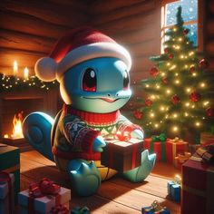 a cartoon character sitting in front of a christmas tree holding a gift box with lights on it