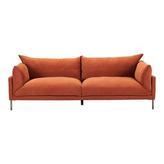 With Scandinavian styling, a softly blocked silhouette, and burnt auburn fabric upholstery, the sofa balances everyday simplicity with deep-seated comfort and plush cushioning. Find beauty in practicality with slim steel legs, clean stitch lines, and removable seat and back cushions. | AllModern Amryis 94" Sofa Polyester in Brown | 33 H x 94 W x 35.5 D in | Wayfair Couch Designs, Orange Sofa, Stitch Lines, Brown Sofa, Scandinavian Furniture, Stainless Steel Legs, Stylish Sofa, Sofa Upholstery, Scandinavian Inspired