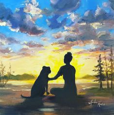 a painting of two people and a dog sitting in the water with sunset behind them