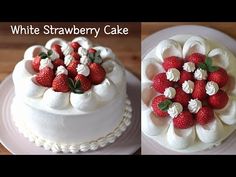 two cakes decorated with strawberries and white frosting