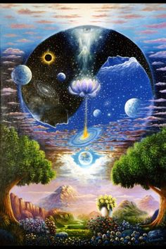 an image of a painting with planets in the sky and trees on the other side