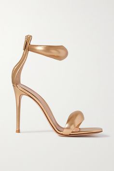 Gianvito Rossi's 'BIJOUX' sandals are defined by statement 'bubble' straps. They've been handcrafted in Italy from glossy gold leather and rest on 105mm stiletto heels. The zippers make them easy to slip off at the end of the evening. Gold Sandals Heels, Gianvito Rossi Heels, Bronze Heels, Bronze Sandals, Sandals Woman, Rossi Shoes, Trending Sandals, Gold Sandals, Gold Heels