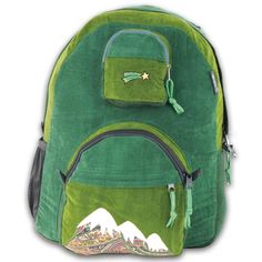 Green Corduroy Travel Bag, Corduroy Standard Backpack, Green Hiking Bag With Zipper Pocket, Corduroy Backpack For Everyday Use, Corduroy Travel Backpack, Corduroy Everyday Backpack, Green Backpack For Outdoor Activities With Zipper Pocket, Green Backpack With Zipper Pocket For Outdoor Activities, Mountain Applique