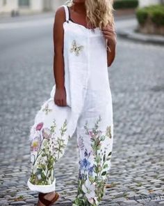 Lasaky - Cotton Linen Academy Vintage Print Sleeveless Jumpsuit with Loose Fit Women Jumpsuit Outfits, Party Rompers, Loose Jumpsuit, Jumpsuit Outfit, Jumpsuit Pattern, Linen Jumpsuit, White Jumpsuit, Sleeveless Rompers, Tonga