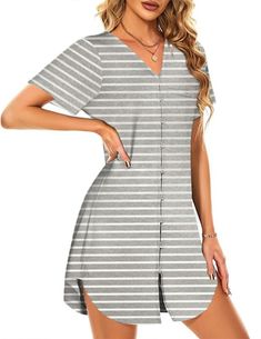 PRICES MAY VARY. 95% Polyester, 5% Other Fibers Imported Button closure Machine Wash Soft material, stretchy fabric, comfortable to wear, relaxed fit is never tight or constricting V-neck and short sleeve Boyfriend Sleep Shirt/ long pajama top, you can wear this 1 pc or can pair with shorts, perfect for sleep or lounge The buttons design of nursing pajamas is perfect for breastfeeding, you can use this as a nursing nightgown and wear a nursing bra underneath, very useful This Pajama Shirt Dress Casual White Button-up Sleepwear, Casual Short Sleeve Nightgown For Pajama Party, Casual Nightgown For Pajama Party In Spring, Summer Bedtime Nightgown With Buttons, Relaxed Fit Sleepwear With Buttons, Casual Cotton Dress For Pajama Party, Summer Nightgown With Buttons, Button-up Sleepwear For Pajama Party, Striped Sleepwear For Spring Sleepover