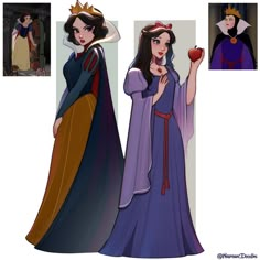 snow white and evil queen from disney's animated movie, sleeping beauty with an apple in her hand