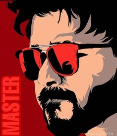 a man with sunglasses and a beard in front of a red background that says master