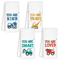 four towels with construction trucks on them and you are kind of brave written on them