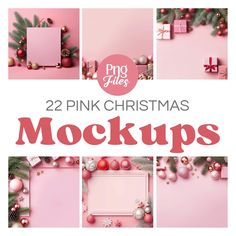 pink christmas mockup with ornaments and presents on the bottom, in different positions to make it