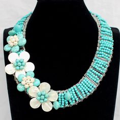 "Material: Howlite  Turquoise ,shell, pearl Bead size: 15*20mm,18*25mm,5-6mm Necklace size: 18\" + 2\" extension chain(Neck size 18 inches) Color: as shown Packing: Beautiful Pouch All items in my shop are made to order.   Most of the time it takes 1-3 business days but can be longer at times and for larger orders. If you want to order of different style. Please contact me . ----------------------------------------------------- Please feel free to convo me should you have any question! Thank you! :)" Necklaces Gift, Necklace Shell, Woman Necklace, Mother Day Gift, Turquoise Flowers, Bib Necklaces, Turquoise Howlite, Necklace Size, Necklace Sizes