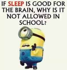 a minion with the caption if sleep is good for the brain why is it not allowed in school?