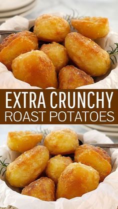 extra crunchy roast potatoes in a white bowl on a table with text overlay