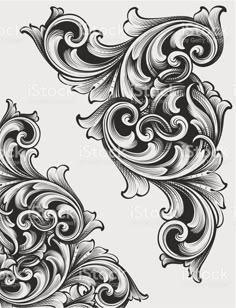 an abstract floral design with swirls and curls in black and white on a gray background