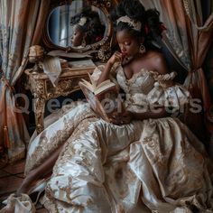 a woman sitting in front of a mirror wearing a dress and holding a book while looking at her reflection