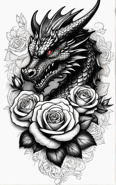 a dragon with roses on it's chest and the head is surrounded by roses