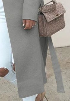 Fold-over Collar Belt Plain Long Sleeve Coats Plain Gray Fall Outerwear, Casual Long Plain Outerwear, Gray Belted Long Sleeve Outerwear, Chic Plain Outerwear For Fall, Gray Long Sleeve Outerwear, Chic Plain Fall Outerwear, Long Plain Outerwear For Spring, Casual Long Belted Outerwear, Chic Long Solid Color Outerwear