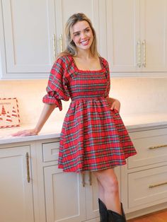 Look stylish this holiday season with our classic plaid dress. Smocked top, puffed sleeves, and a Simply Southern emblem on the bottom right hem. Made of 100% polyester. Womens Holiday Outfits, Plaid Christmas Dress, College Au, Preppy Dress, Scarf Dress, Smocked Top, Christmas Outfits, Jean Accessories, Love Clothing