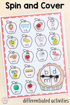 an apple themed spin and cover activity for kids