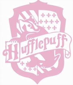 a pink logo with the word hufflepuff on it's front and side