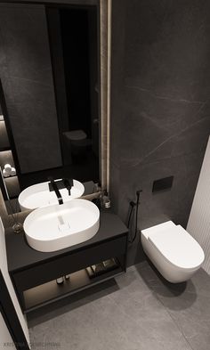 a bathroom with two sinks and a toilet