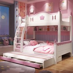 a child's bedroom with pink walls and white bunk bed, stairs to the top