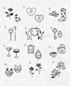 an image of different types of stickers on white paper with blue numbers and symbols