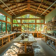 a room filled with lots of wooden tables and chairs in front of large glass windows