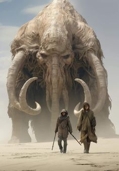 two people are standing in front of an enormous creature with horns on it's head