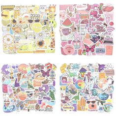 four pieces of stickers with different designs on them, all in various colors and shapes