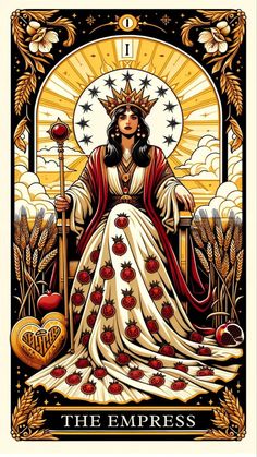 an image of the queen of hearts on a tarot card with sun shining in the background