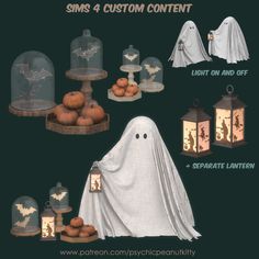 an image of halloween decorations with ghost and pumpkins on them, including two lighted lanterns