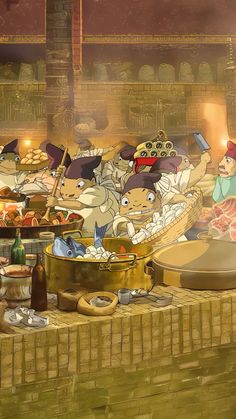 an animated scene with many people cooking food