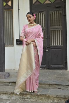 Saree Fabric : Tussar Silk Saree Color : Pearl Pink Saree Length : 5.5 Meter Blouse Length : 0.8 Meter Saree Work : Zari Woven Line Work Saree Border : Zari Woven Border Wash : Dry Clean Slub Silk Saree With Gota Work For Transitional Season, Transitional Slub Silk Saree With Gota Work, Transitional Season Raw Silk Pre-draped Saree, Transitional Season Pre-draped Raw Silk Saree, Transitional Saree With Gota Work, Transitional Slub Silk Pre-draped Saree, Elegant Pink Sets For Puja, Pink Saree With Gota Work, Wedding Slub Silk Pre-draped Saree