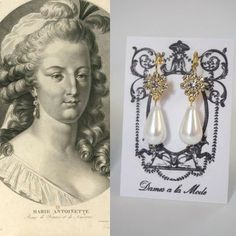 "When I came across the 1787 engraving of Marie Antoinette, I was so excited to be able to recreate her lovely earrings! These little clusters are small but since they are made with Swarovski crystals they pack a lot of sparkle. Paired with a glass pearl in a snowy white tone. Shown here in Gold plate, but also available in Silver, Antique Gold, or Antique Silver. Hanging about 2\" long (including the hook) these are a lovely large size. Dames a la Mode is inspired by history! See more of my Geo Vintage Historical Design Earrings For Wedding, Ornate Historical Wedding Earrings, Ornate Historical Design Earrings For Wedding, Antique Wedding Earrings With Historical Design, Gold Earrings With Historical Design For Wedding, Historical Design Earrings For Wedding, Victorian Pearl Earrings For Anniversary, Victorian Pearl Earrings For Wedding, Victorian Bridal Earrings For Anniversary