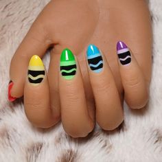 School Themed Nail Designs, Server Nails, Back To School Nails Gel, Almond Color Nails, Rainbow Nails Short, Kids Nail Art Designs, Crayon Nails, Really Easy Nails, Kids Nail Art