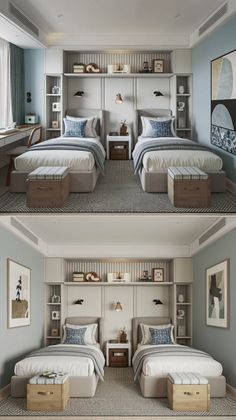 two identical photos of a bedroom with twin beds and desks in each bed area