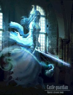 a digital painting of a woman dancing in front of a window with the words castle guardian on it