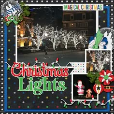 christmas lights are displayed in front of a black and white background with blue trimmings