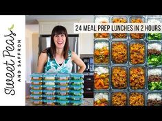 a woman standing in front of a stack of meal prep containers with the words slow food diet