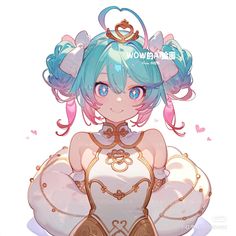 an anime character with blue hair wearing a white dress and holding a heart shaped object