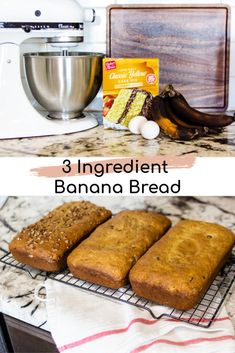 banana bread on a wire rack next to an electric mixer and ingredients for the recipe