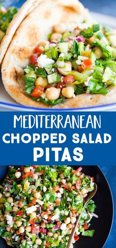 mediterranean chopped salad with pita bread on the side and in a blue bowl next to it