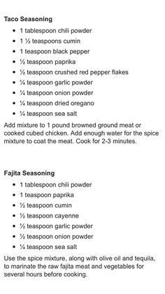 the recipe for taco seasoning is shown in black and white, with instructions on how to make it