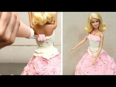 a barbie doll wearing a pink and white dress with roses on it's skirt